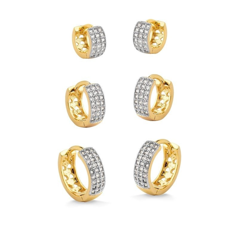 BRINCO TRIO DE ARGOLAS CRAVEJADAS ZIRCÔNIA CRISTAL FOLHEADO A OURO 18K