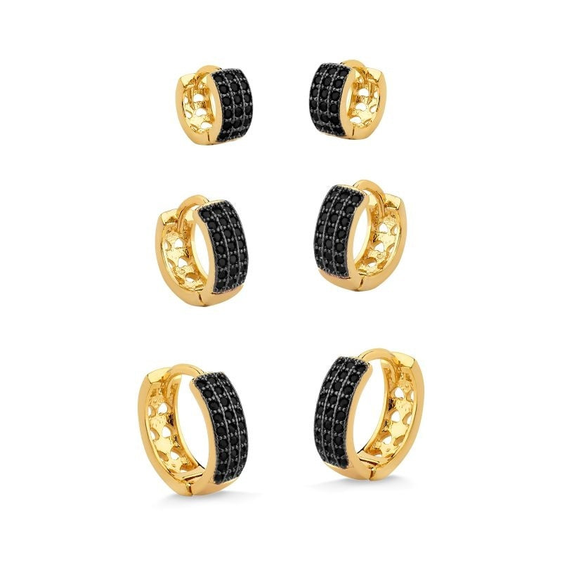 BRINCO TRIO DE ARGOLAS CRAVEJADAS ZIRCÔNIA PRETA FOLHEADO A OURO 18K